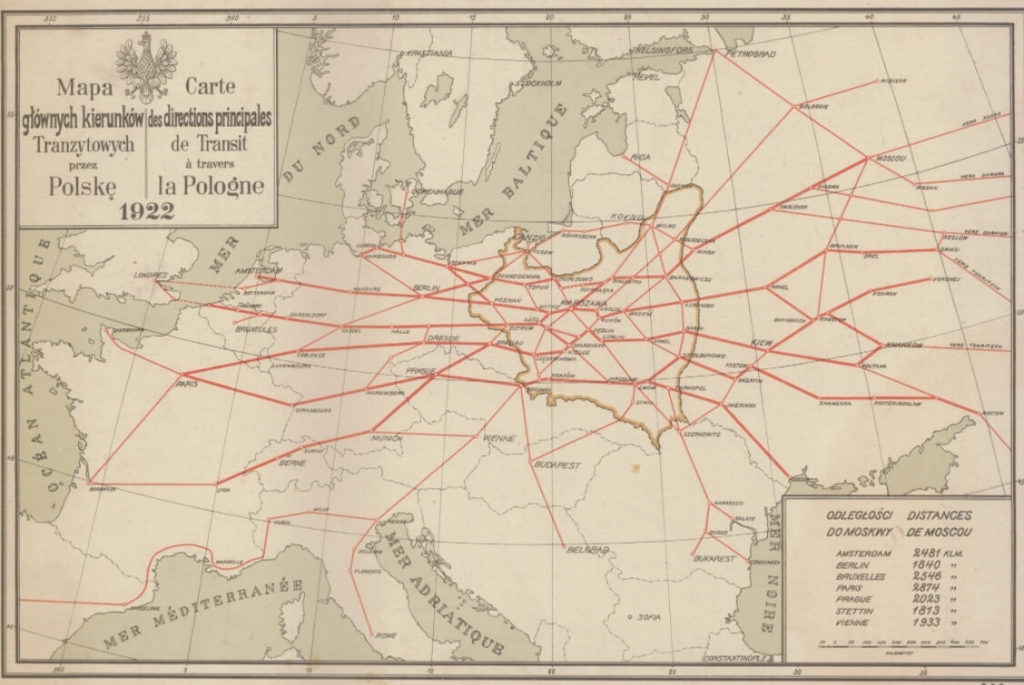 Mapa Europy z 1922 przedstawiająca główne kierunku tranzytowe przez Polskę